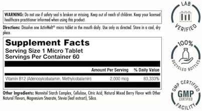 KAL Vitamin B12 Methylcobalamin and Adenosylcobalamin 2000 mcg ActivMelt, B12 Energy Supplements, Metabolism, Nerve, Red Blood Cell Support