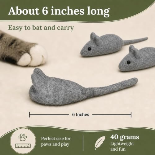 Cat Mouse Toy - 3 Felted Wool Mouse Toys Without Catnip for Indoor Cats and Kittens - Large Handmade Mice
