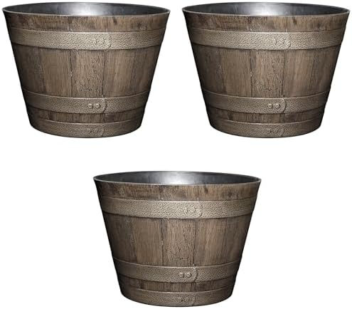 Classic Home and Garden Outdoor Round Whiskey Resin Flower Pot Barrel Planter, Distressed Oak Brown, 20.5" (Pack of 3)