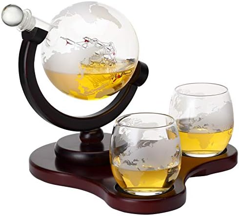 Whiskey Globe Decanter Set with 2 Glasses in Gift Box - Whiskey decanter for Liquor, Whiskey, Brandy, Gin, Rum, Tequila, Vodka
