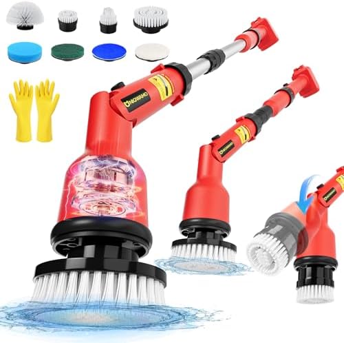 Uniqwamo Electric Spin Scrubber Compatible for Milwaukee 18V Battery | 1000 RPM Battery Powered Scrubber with Adjustable Extension Arm & 8 Brushes &