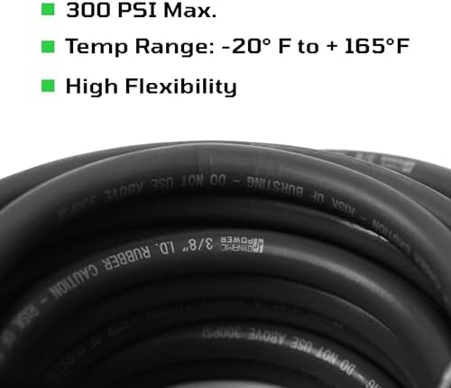 DYNAMIC POWER Premium Black Rubber Air Hose 3/8" x 50' 300 PSI Assembly with 1/4" Male Pipe Thread Fittings & Bend Restictors.