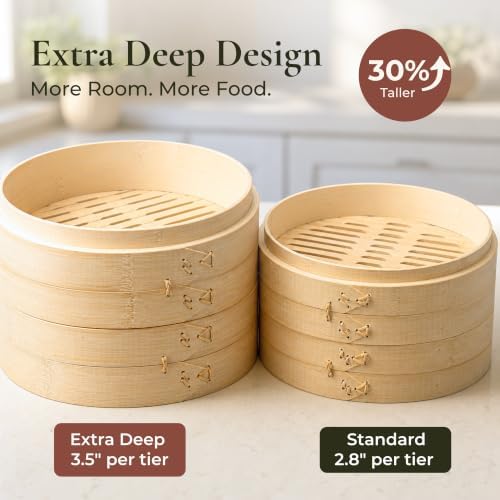 HAPPI STUDIO Bamboo Steamer Basket 10 Inch, Extra Deep Dumpling Steamer Set