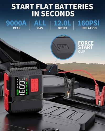 Car Jump Starter with Air Compressor, 9000A Peak 26800mah (Up to All Gas or 12.0L Diesel Engine