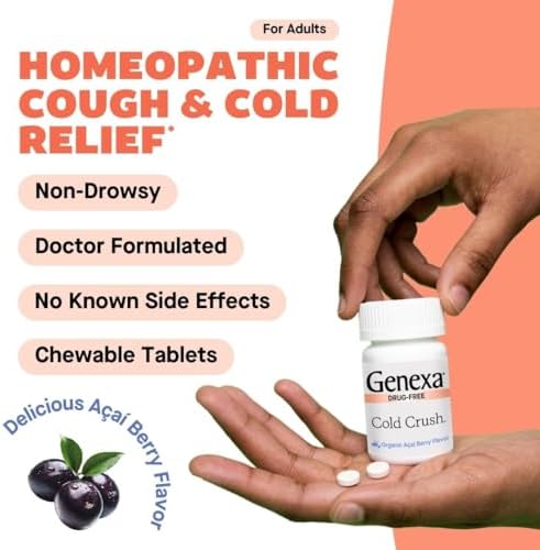 Genexa Cold Crush, Drug Free & Made Clean, 60 Chewable Tablets for Adults | Dye Free, 0% Artificial Additives, Non-GMO, Gluten Free, Homeopathic Cough, Cold, Sore Throat Relief, Acai Berry Flavor