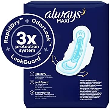 Always Maxi Overnight Pads with Wings for Women, Size 5, Extra Heavy Overnight Absorbency, Unscented, 36 Count