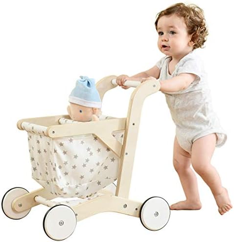 labebe Baby Push Walker, Wooden Shopping Cart with Doll Seat for Toddlers