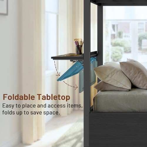 Twin XL Bunk Bed with Foldable Desk, LED Lights & Charging Station, Black | Upper Bunk Storage & 2 Drawers, Safety Guardrails with 4 Hooks, Space-Saving Design for Kids and Teens
