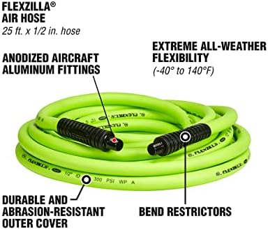 Flexzilla Air Hose, 3/8 in. x 50 ft., 3/8 in. MNPT Fittings, Heavy Duty, Lightweight, Hybrid, ZillaGreen - HFZ3850YW3