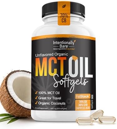 Intentionally Bare Organic MCT Oil Capsules - C8 & C10 Soft gels- 300 ct | Organic C8/C10 MCT oil pills, from 100% pure coconuts