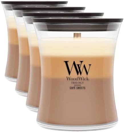 WoodWick Café Sweets Trilogy Holiday Candle Gifts for Women and Men, 9.7 oz Medium Hourglass Trilogy Candle with Crackling Wick