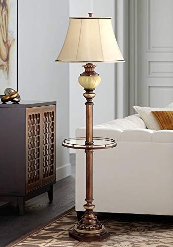 Kathy Ireland 65" Tall Night Light Glass Tray Table Floor Lamp Living Room | Hyde Park Rustic Vintage with Nightlight Bronze Gold Metal Pearl White