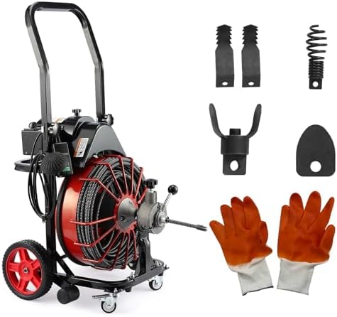 Drain Cleaner Machine, 100 ft x 1/2 in Sewer Auger for 1-4 in Pipes | 550W Motor with Auto-Feed Control, Air Foot Switch, GFCI Protection, 4 Cutters