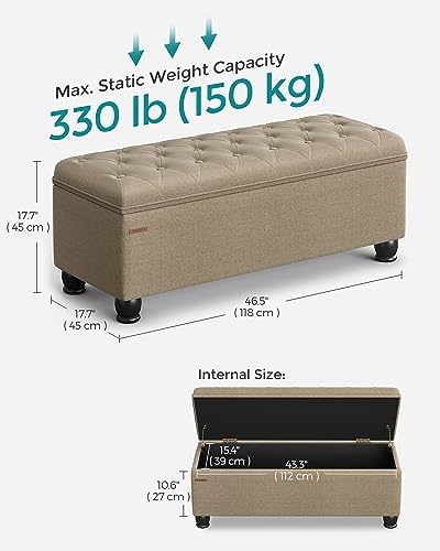 SONGMICS Storage Ottoman, 46.5 Inches Bedroom Bench, Solid Wood Legs