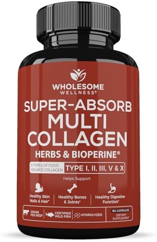 Wholesome Wellness Super-Absorb Multi Collagen Pills (Type I II III V X) Organic Herbs & Bioperine - Hair, Skin