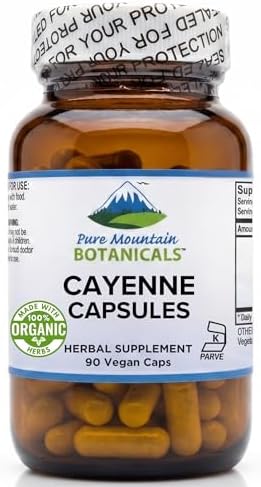 Pure Mountain Botanicals Cayenne Pepper Capsules - 500mg Organic, 90 Ct | Vegan, Kosher Certified, Gluten-Free, Capsaicin 40000-60000 HU