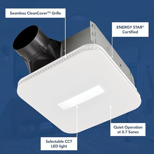 Broan-NuTone Bathroom Exhaust Fan – Retrofit Design Replaces Existing Fan Without Attic Access, Quiet 1.0 Sones, 110 CFM, Powerful Ventilation with 4 Selectable CCT Light Settings for a Modern Look