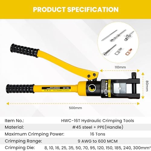 10 Tons Hydraulic Crimping Tool, 12 to 2/0 AWG battery cable crimper | 9 Pairs of Dies hydraulic crimper, for Battery Cable Lugs, Cable Railing, Marine, RV and Solar Wiring