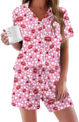 Ekouaer Pajamas Set for Women Short Sleeve Sleepwear Button Down Pj XS-XXXL | Summer 2 Piece Lounge Set, Soft Fabric, Drawstring Waistband, for Bridesmaid Bride Party, Plus Size, Petite, Cute Pattern