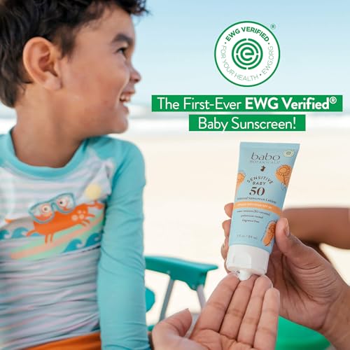 Babo Botanicals Sensitive Baby Mineral Sunscreen Lotion SPF50 - Natural Zinc Oxide - Face & Body - Fragrance-Free - Water-Resistant - EWG Verified