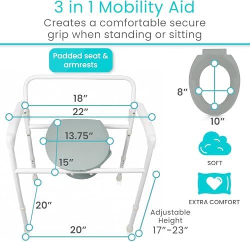 Vive Bedside Commode Toilet Chair (Folding) - 350 lb Capacity, Safety Rail, Shower Chair - 3 in 1 Heavy Duty Bariatric Bucket with Padded Arms