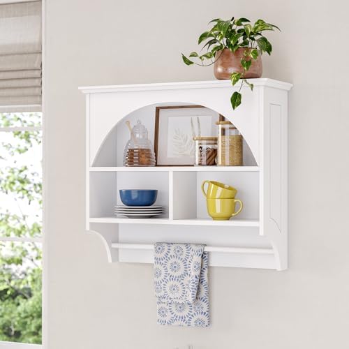 RiverRidge Kitchen Wall Shelf with Arch and Towel Bar, White | Wall-Mounted Pantry Spice Rack, 2 Shelves, Kitchen Storage Cabinet, Hand Towel Rack