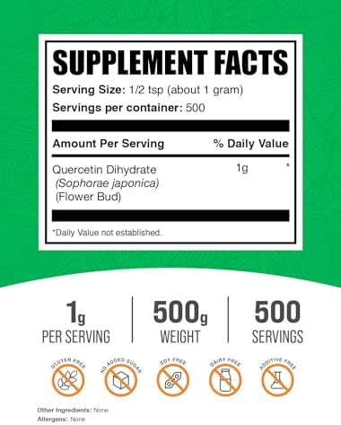 BulkSupplements.com Quercetin Dihydrate Powder - Quercetin Supplements, Antioxidants Source - Vegan & Gluten Free, 1g per Serving, 250g (8.8 oz) (Pack of 1)