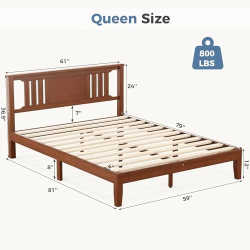 Solid Wood Bed Frame, Queen Size Platform Bed Frame with Headboard, Sturdy Wood Slat Support, Heavy Duty, No Box Spring Needed, Noise-Free, Easy Assembly