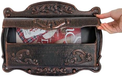 Antique Bronze Finishing Cast Aluminum Wall Mounted Mailbox, Weather-Resistant, Elegant Vintage Design. Size: 17.5" D x 5.3" W x 12.25" H. Includes 4 Pieces Finish Mounting Screws