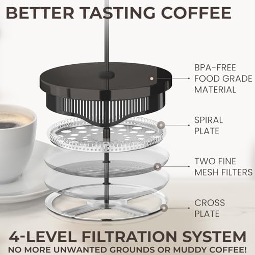 Cafe Du Chateau French Press Coffee Maker, 34 oz Glass, Stainless Steel | Easy Brew, Durable Clear Glass, 4-level Filtration, 34 oz Capacity, Coffee Press for Camping, Tea Brewer, BPA-Free Materials