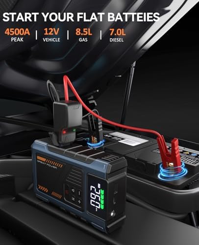 Car Battery Charger Jump Starter with Air Compressor, 4500A Jump Box for Car Battery Portable Jumper Cables with Battery Pack, 12V Jumpstart Combo 150PSI Tire Inflator Air Pump (8.5L Gas/7.0L Diesel)