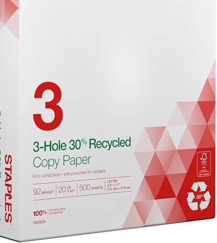 Staples 8.5" x 11" 3-Hole Punched Copy Paper, 20 lbs., 92 Brightness, 500/Ream