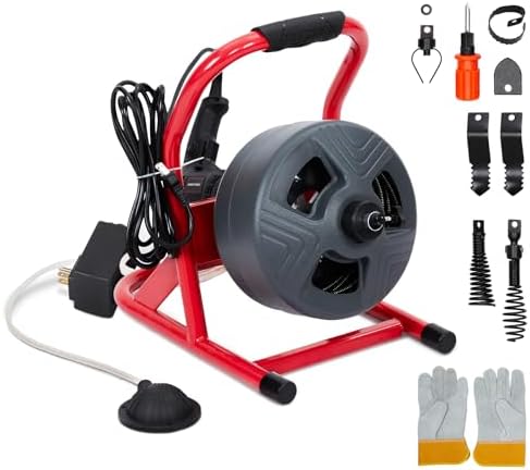 PIONEERWORKS 50Ft x 5/16 Inch Drain Cleaner Machine, Electric Drain Auger Professional for 3/4 to 3 Inch Pipes, Foot Switch with 6 Cutters, Glove
