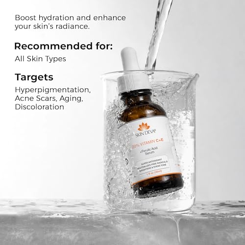 Skin Deva 20% Vitamin C Serum Anti Aging with Hyaluronic Acid & Vitamin E Ferulic Acid - Brightening Formula for Improving Appearance of Dark Spots, Fine Lines & Wrinkles - All Skin Types, 1 fl oz