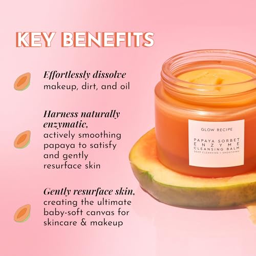 Glow Recipe Papaya Enzyme Cleansing Balm, Korean Double Cleanse First Cleanser, Makeup Remover + Cleansing Oil Balm, Gentle Exfoliating Face Cleanser