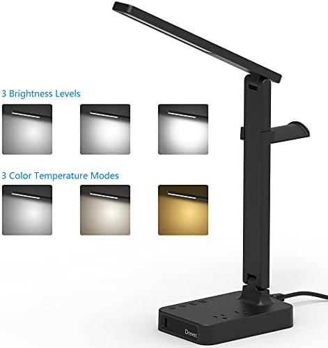 Drevet LED Desk Lamp for College Dorm Room, Desk Light with 1 USB Charging Port 2 AC Power Outlet, 3 Lighting Modes, 3 Level Brightness Touch Lamp