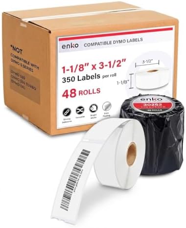 enKo 30252 12 Rolls | 4200 Address and Shipping Labels (1-1/8 x 3-1/2 in) | Water resistant Direct Thermal Return Address and Barcode Labels Compatible with Dymo LabelWriter 450 Turbo and 4XL Printers