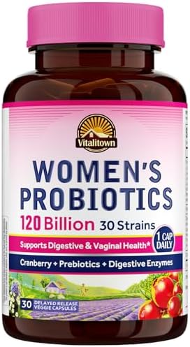 Vitalitown Probiotics for Women 120 Billion CFUs, 30 Strains, with Prebiotics & Digestive Enzymes & Cranberry, Gut & Vaginal Health