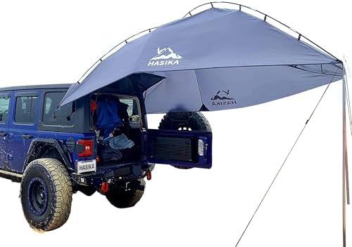 Hasika Waterproof SUV Tailgate Tent and Car Awning | Universal fit for SUVs Vans RV Trailer. Features heavy-duty suction cups, adjustable poles