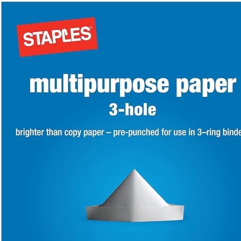 Staples Multipurpose Paper, 8 1/2 x 11, 3-Hole Punched, Ream, for Office, School & Home | Pre-punched white paper ready for standard 3-ring binders. Sold by the ream.