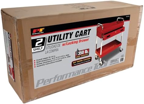 Performance Tool W54004 Two-Shelf Utility Cart with Locking Drawer | Red rolling tiered storage cart with wheels. 350 lb load capacity. Swivel casters. 28x16 inch deep shelves