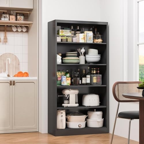 66 in Black Heavy Duty Metal Bookshelf, 5-Tier Adjustable Tall Bookcase, Industrial Floor Standing Storage Shelf 180 lbs Load Per Shelf for Living Room Home Office Bedroom Garage