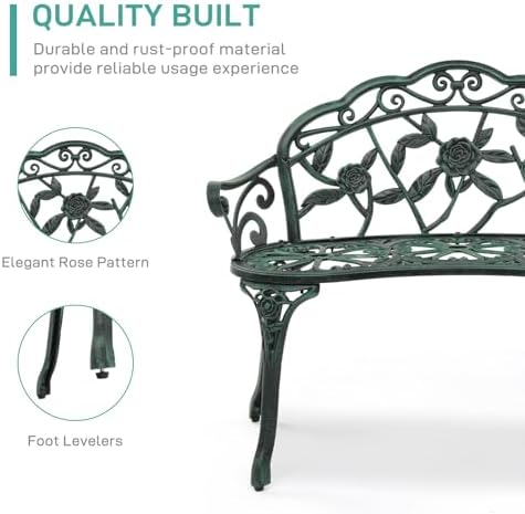 VINGLI 38.5" Patio Park Garden Outdoor Metal Rose Bench, 2-Person Cast Iron Cast Aluminium Frame Antique Finish Chair,Accented Lawn Front Porch Path Yard Decor Deck Furniture (Bronze, Rose)