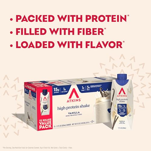 Atkins Vanilla High Protein Shake, 15g Protein, 12 Count | 15g Protein, 3g Fiber, 1g Net Carb, 1g Sugar, Vanilla Flavored, Keto Friendly