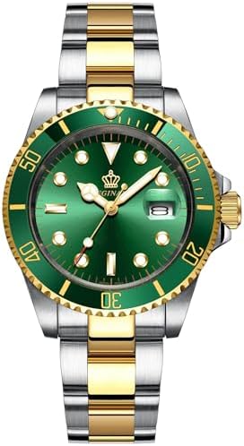 FANMIS Men's Two-Tone Stainless Steel Quartz Watch, Rotating Bezel and Date | Green Dial, Luminous Hands and Markers, Magnified Date Window, Fold-Over Safety Clasp, 30M Water Resistant for Everyday Wear.