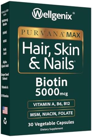 Wellgenix Purvana MAX Hair Skin and Nails Supplement – 5000mcg Biotin with MSM & B-Complex – Support for Thicker Hair, Stronger Nails & Glowing Skin – 30 Veggie Capsules | Biotin, MSM & hyaluronic acid in vegetable capsules for thicker, fuller hair, stro…