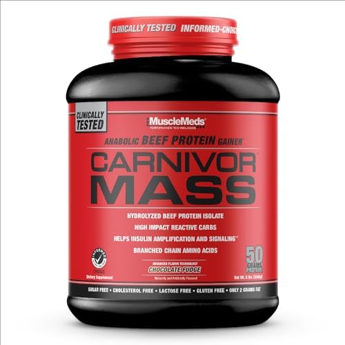 MuscleMeds CARNIVOR Mass Gainer Beef Protein Isolate Shake, 50 Grams Protein, 125 Grams Carbs, 0 Fat, 0 Sugar, Lactose Free, Halal Certified, Chocolate Peanut Butter, 6 Pound