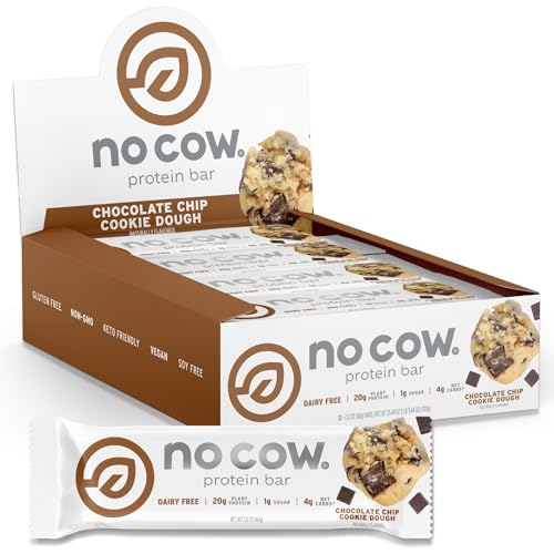 No Cow Peanut Butter Chocolate Chip Vegan Protein Bars, 12 Pack | 20g High Plant-Based Protein, High Fiber, Low Sugar, Gluten-Free, Dairy-Free, Soy-Free, Keto-Friendly Snack Bars