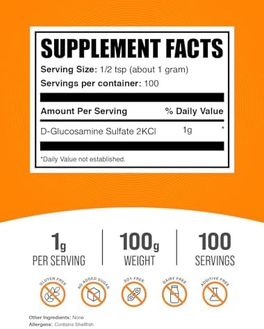 BulkSupplements.com Glucosamine Sulfate Powder - Glucosamine Supplement, Joint Support Supplement - Gluten Free, 1g per Serving, 1kg (2.2 lbs) (Pack of 1)