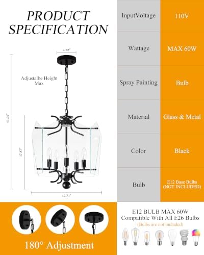 Mid Century Glass Chandelier, Retro Black Chandelier Pendant Light | Height Adjustable, 5-Light E12
